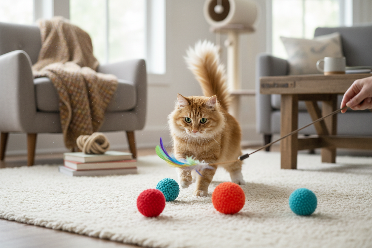 Chat jouant avec jouets ToyMinou
